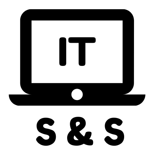 Czarno-biała ikona laptopa z napisem 'IT' na ekranie i 'S & S' pod spodem.