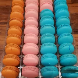 Rząd pomarańczowych, różowych i błękitnych makaroników ułożonych w plastikowym pojemniku na drewnianym blacie, jeden błękitny makaronik otwarty.