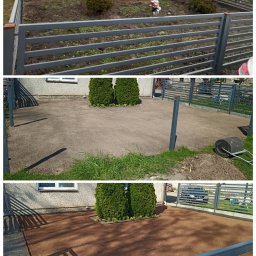 Firma Usługowa HOPUŚ - Montaż trawnika: widok przed, w trakcie i po wyrównaniu terenu pod trawnik z rolki, z widocznym wałem ogrodowym do ubijania ziemi.