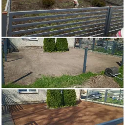 Montaż trawnika: widok przed, w trakcie i po wyrównaniu terenu pod trawnik z rolki, z widocznym wałem ogrodowym do ubijania ziemi.