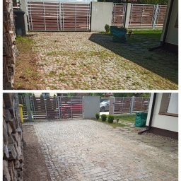 Firma Usługowa HOPUŚ - Porównanie stanu nawierzchni z kostki brukowej przed i po czyszczeniu, widoczne różnice w kolorze i czystości spoin, brama w tle.