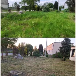Porównanie terenu przed i po koszeniu: wysoka, zielona trawa z chwastami przed zabiegiem, krótko przystrzyżona trawa po koszeniu, z widocznymi pniakami i kamieniami dekoracyjnymi.