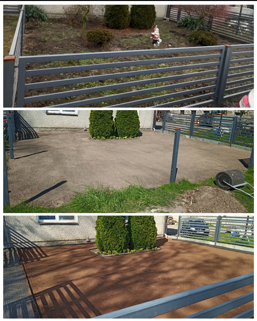 Montaż trawnika: widok przed, w trakcie i po wyrównaniu terenu pod trawnik z rolki, z widocznym wałem ogrodowym do ubijania ziemi.