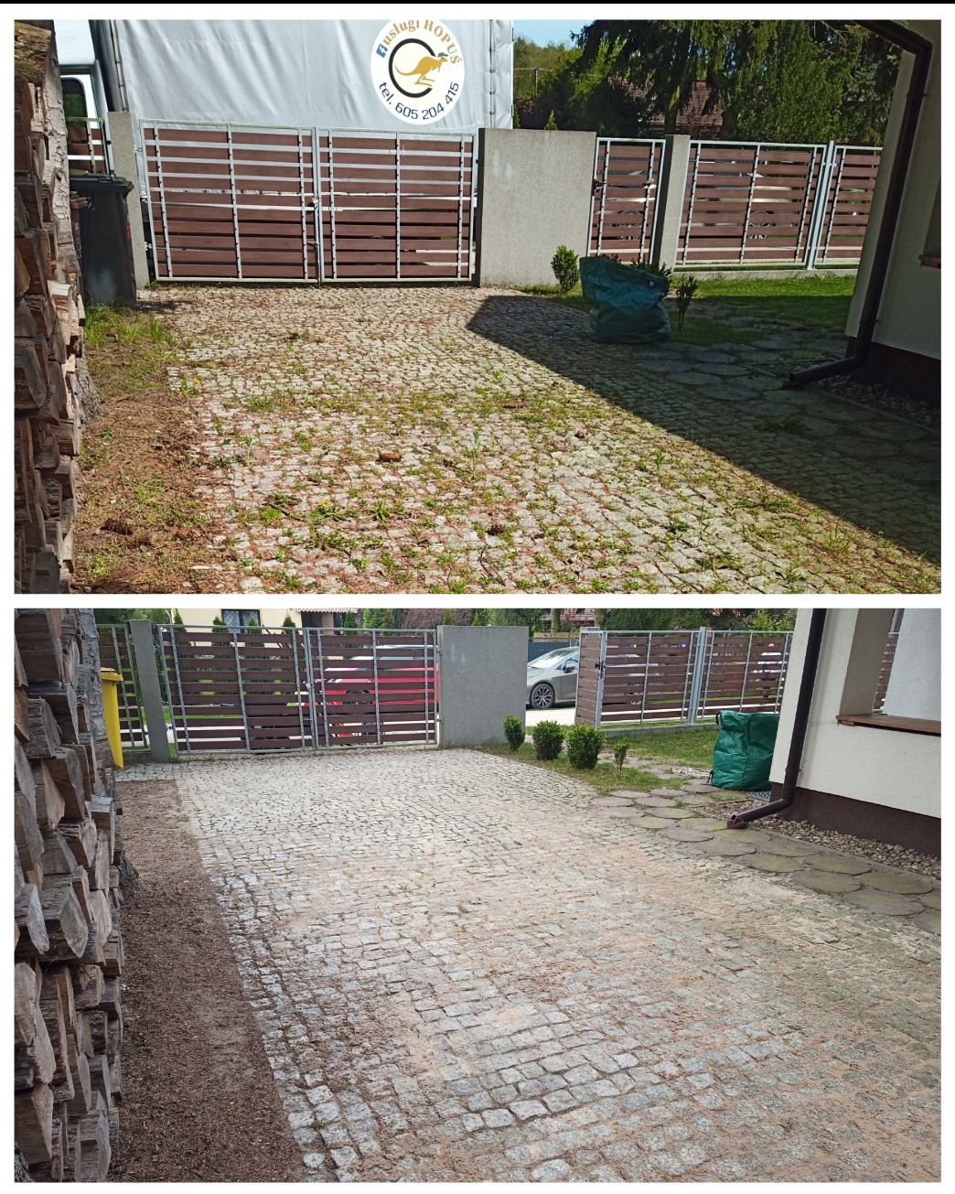 Porównanie stanu nawierzchni z kostki brukowej przed i po czyszczeniu, widoczne różnice w kolorze i czystości spoin, brama w tle.