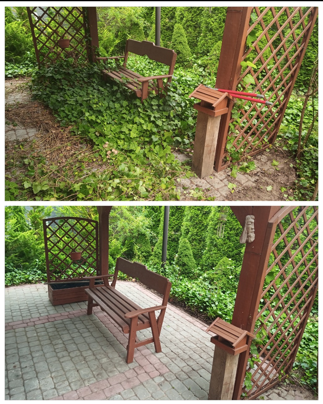 Dwa ujęcia tej samej drewnianej altanki z ławką: pierwsze przed, a drugie po usunięciu nadmiaru pnączy i liści, z widocznymi sekatorami na słupku.