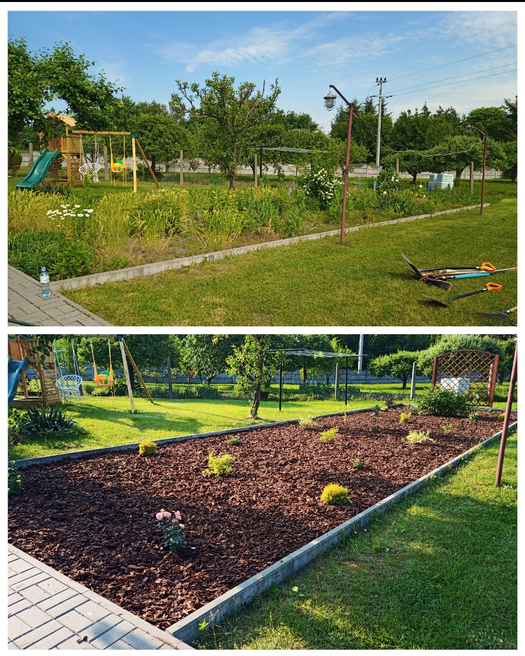 Porównanie ogrodu przed i po: zaniedbana rabata z chwastami i wysoką trawą kontra rabata wyłożona korą z nowo posadzonymi roślinami i różą, w tle plac zabaw.