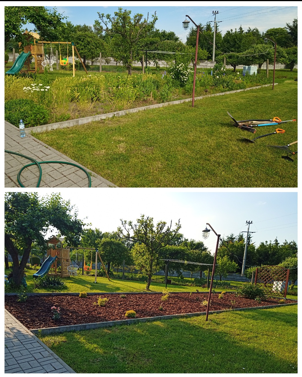 Porównanie stanu ogrodu przed i po wykonaniu prac: górne zdjęcie pokazuje zaniedbany trawnik i rabaty, dolne zdjęcie prezentuje uporządkowany ogród z wyłożoną korą rabatą i zadbanym trawnikiem.