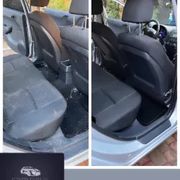 Porównanie wnętrza samochodu przed i po czyszczeniu: tylne siedzenia, podłoga i dywaniki ukazują znaczącą różnicę w czystości. Po lewej stronie widoczny brud i zanieczyszczenia, po prawej - wnętrze...