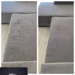 Porównanie stanu kanapy przed i po czyszczeniu, widoczne wyraźne usunięcie plam, obok logo firmy 'Czysta Fura.pl'.