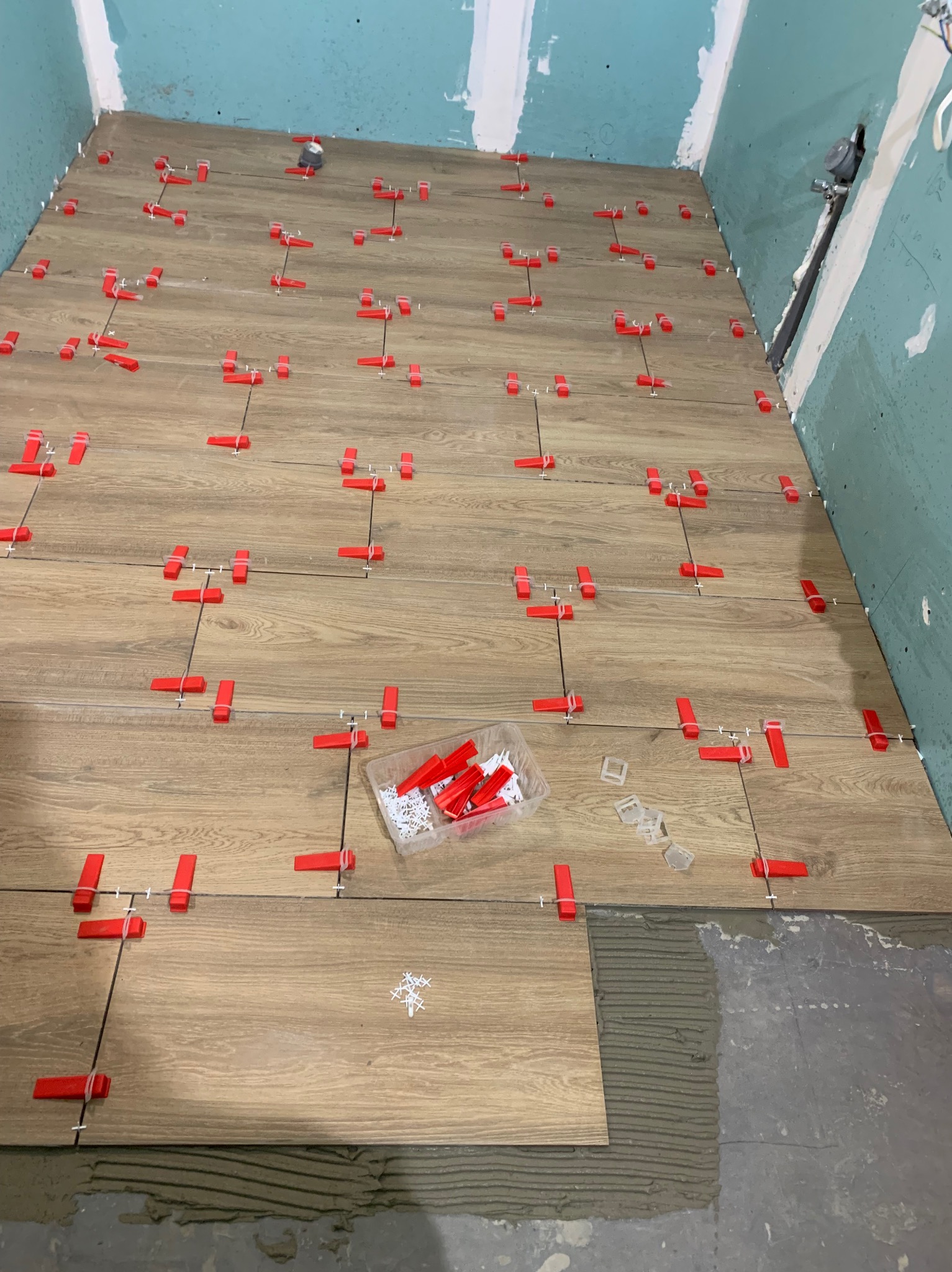 Układanie płytek podłogowych imitujących drewno z użyciem czerwonych klipsów poziomujących i białych krzyżyków dystansowych. Widoczna warstwa kleju. Ściany przygotowane pod glazurę.