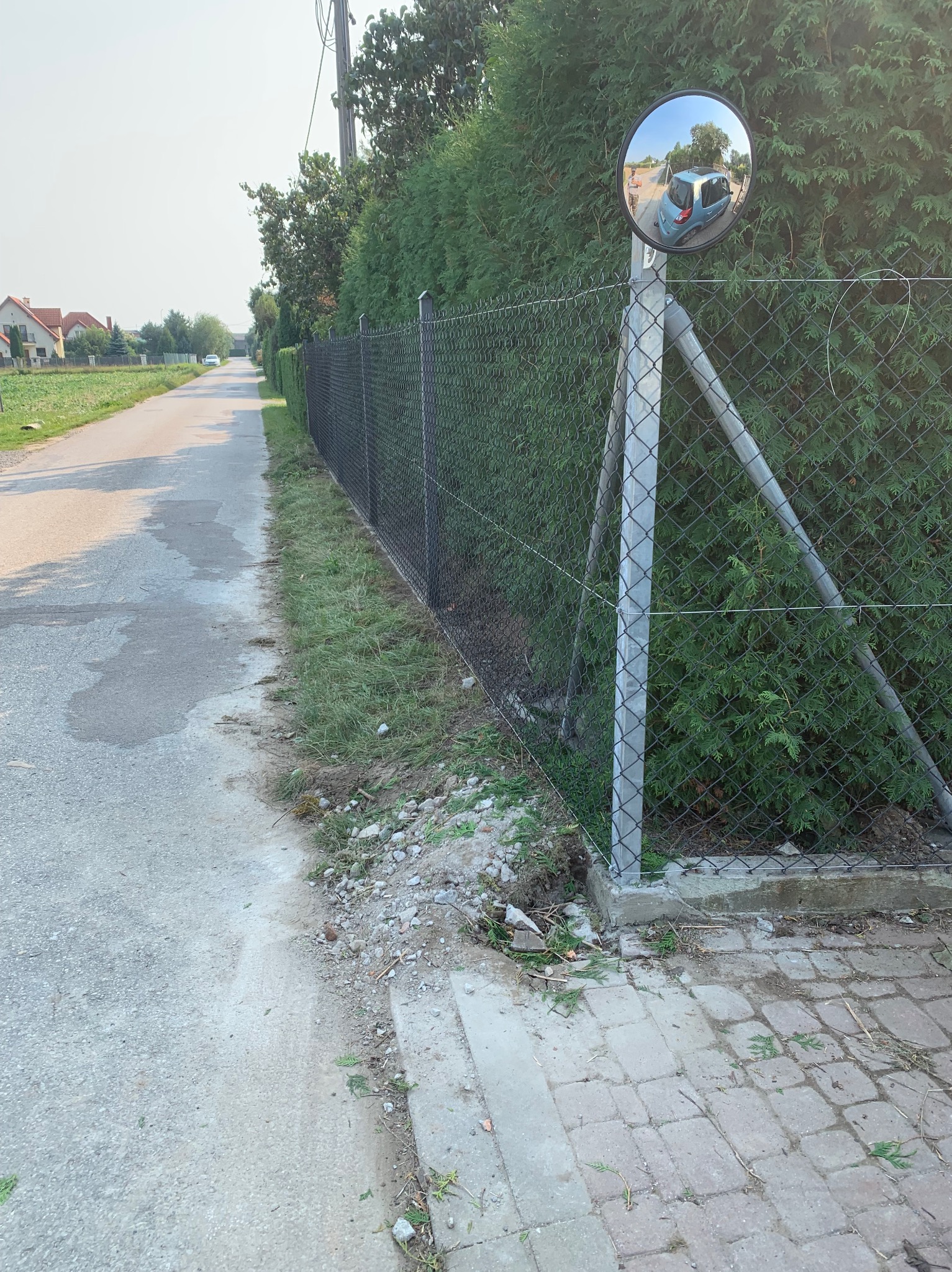 Metalowa siatka ogrodzeniowa z okrągłym lustrem drogowym na słupku, odbijającym fragment ulicy i samochód. Tło: zielone tuje.