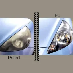 Reflektor samochodowy przed i po polerowaniu, widoczna różnica w przejrzystości klosza, na tle fragment karoserii w kolorze jasnoniebieskim.