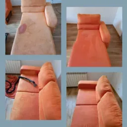 Kolaż 'przed i po': Pomarańczowy szezlong z plamą i bez, czyszczony odkurzaczem piorącym, na tle parkietu i grzejnika. Widoczne efekty czyszczenia tapicerki.