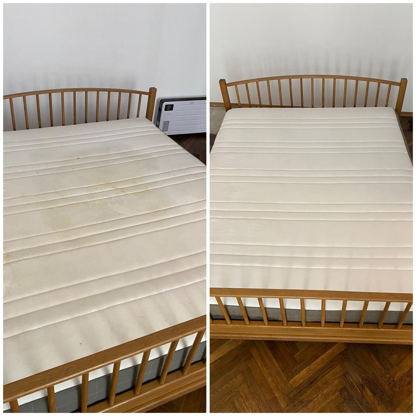 Materac łóżka drewnianego w ujęciu przed i po czyszczeniu, widoczne różnice w kolorze i plamy usunięte po prawej stronie. Czysty materac na parkiecie.
