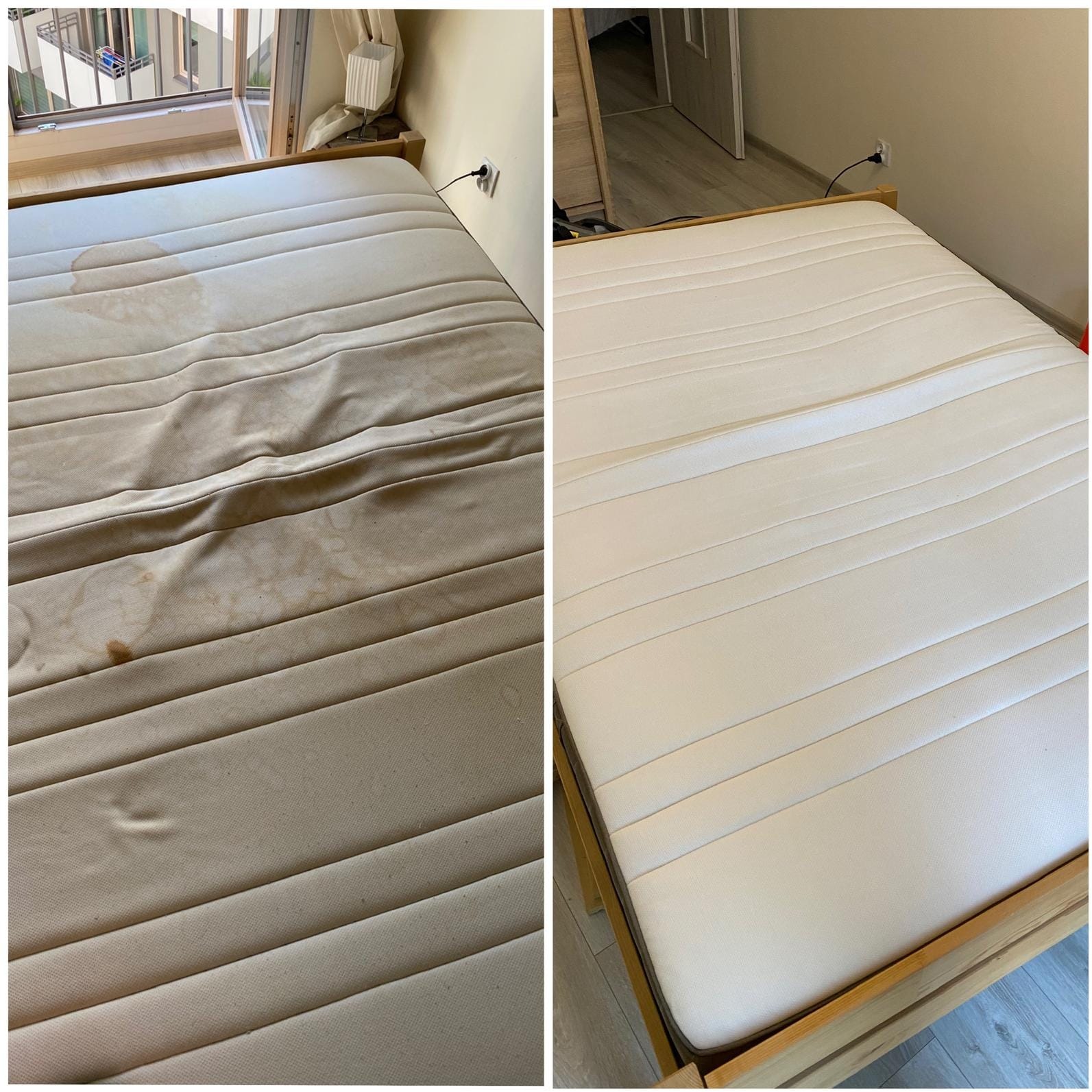 Materac w drewnianej ramie, w ujęciu 'przed i po' praniu. Po lewej stronie widoczne plamy, po prawej czysty, odświeżony materiał. Jasne wnętrze, widok z góry.