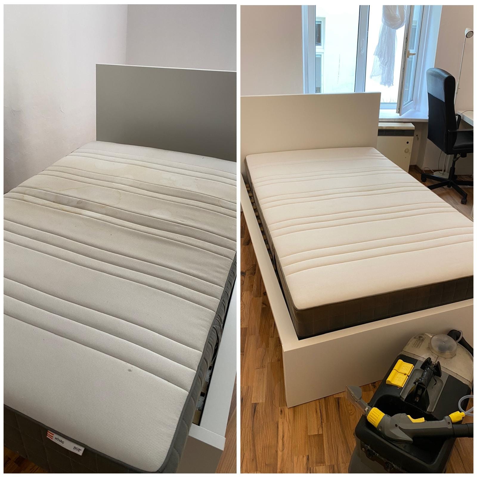 Zdjęcie typu 'przed i po' prezentujące czyszczenie materaca na łóżku z białym zagłówkiem. Po prawej stronie materac jest świeżo wyczyszczony, po lewej widać zabrudzenia.