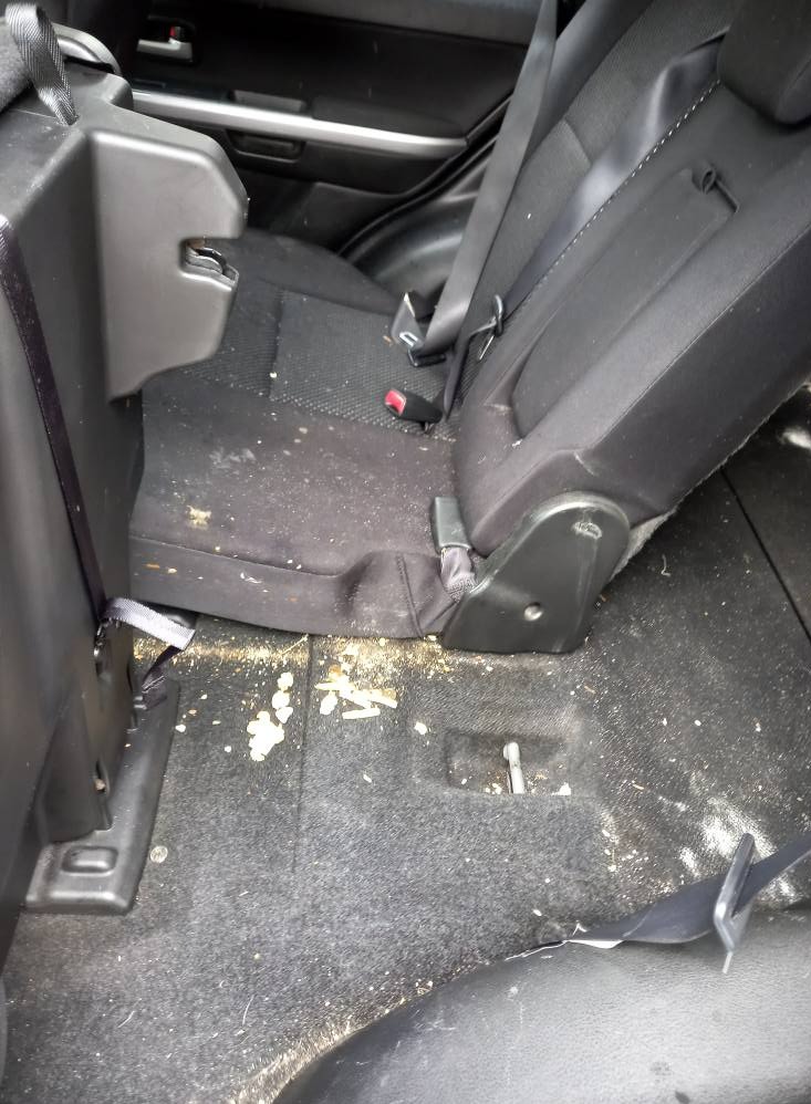 Zabrudzone tylne siedzenie i podłoga samochodu z okruchami jedzenia i kurzem, widoczne pasy bezpieczeństwa i fragment drzwi. Wymaga czyszczenia.