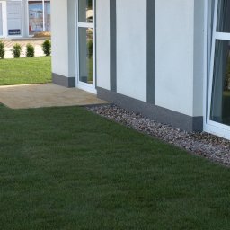 AK Garden - Fragment domu z trawnikiem, kamieniami ozdobnymi przy ścianie i żółtą kostką brukową tarasu, widok z niskiej perspektywy.