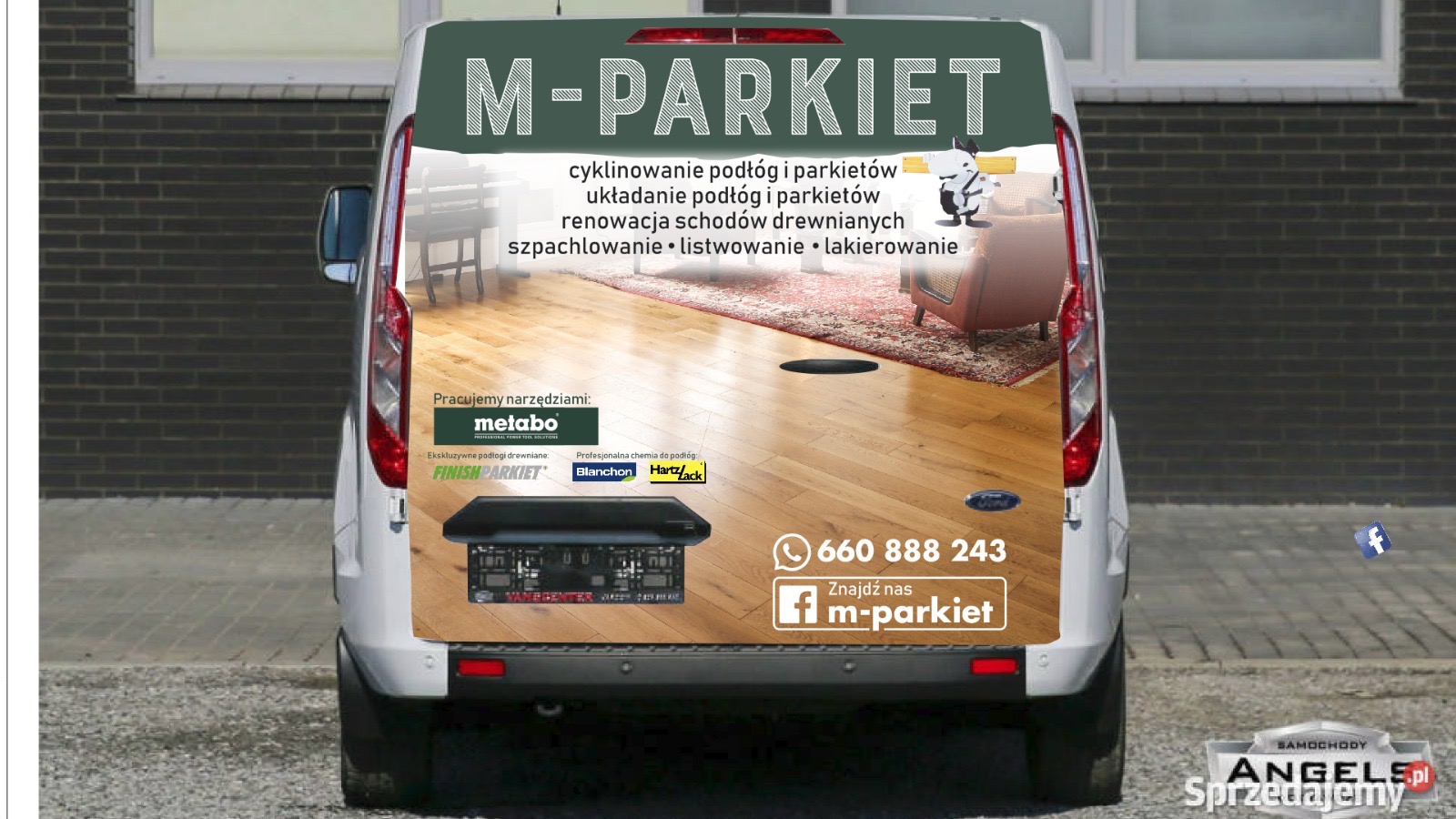 Reklama firmy M-Parkiet na samochodzie dostawczym z ofertą cyklinowania, układania i renowacji podłóg drewnianych oraz parkietów, widoczne logotypy narzędzi Metabo i chemii do podłóg Blanchon...