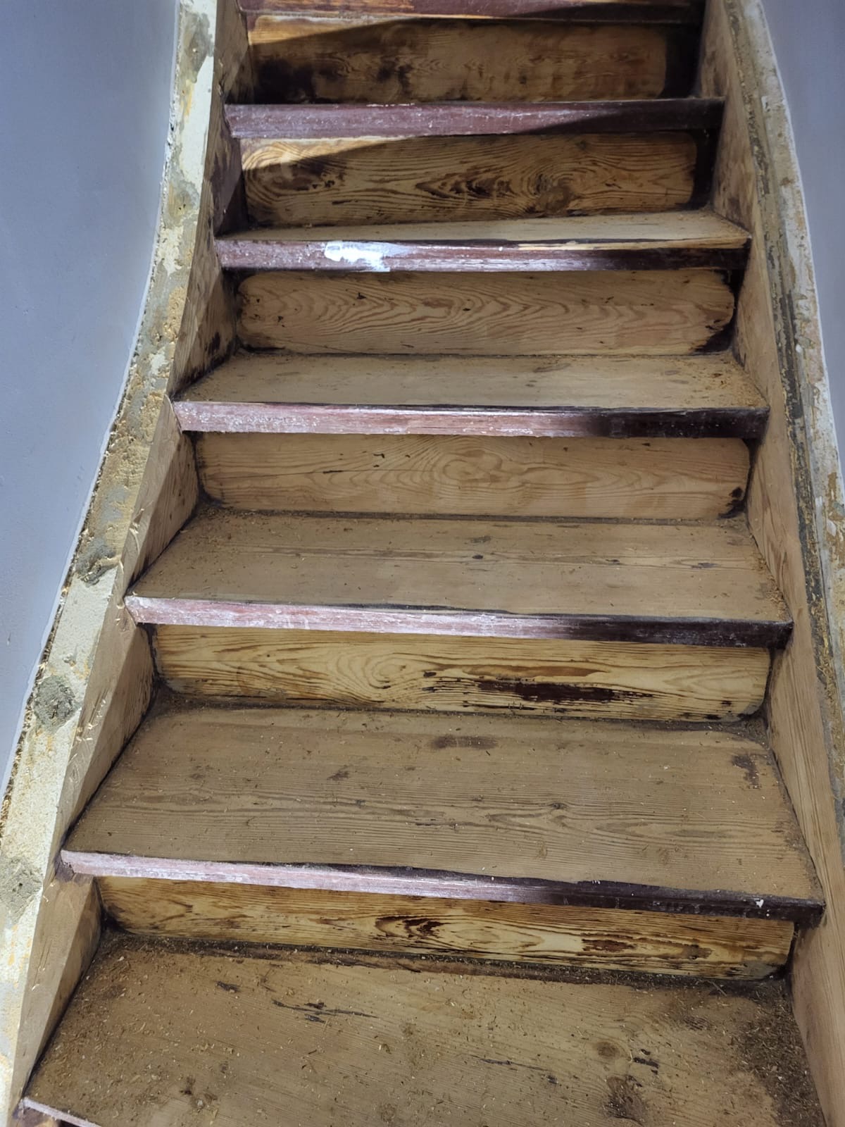 Drewniane schody w trakcie renowacji, widoczne ślady starej farby i pyłu po cyklinowaniu, surowe drewno stopni z wyraźnym usłojeniem.