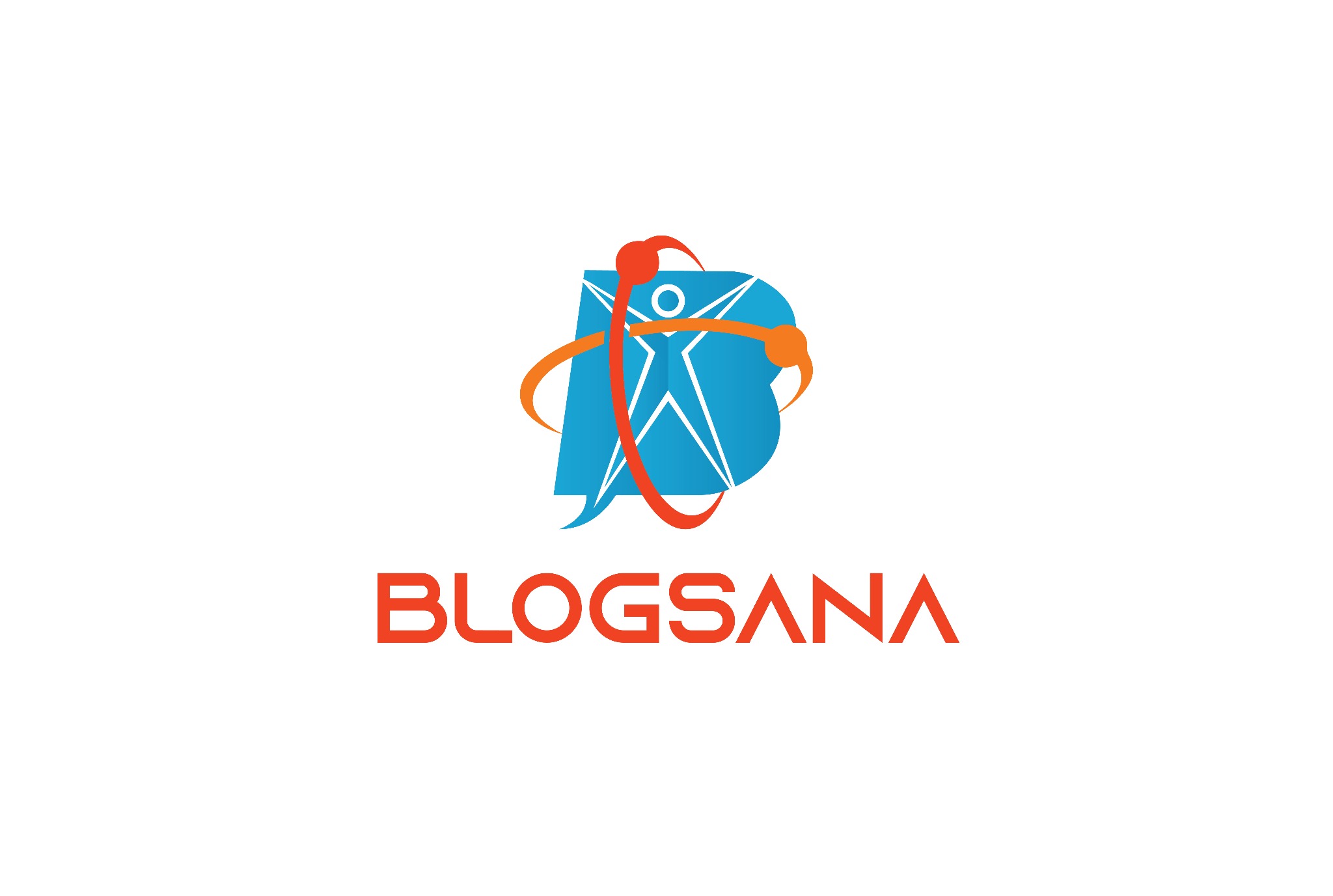 Logo firmy Blogsana.pl z Łąkty Górnej: Stylizowana litera B w kolorze niebieskim, otoczona pomarańczowymi orbitami, z sylwetką człowieka w środku. Nazwa firmy w kolorze pomarańczowym poniżej.