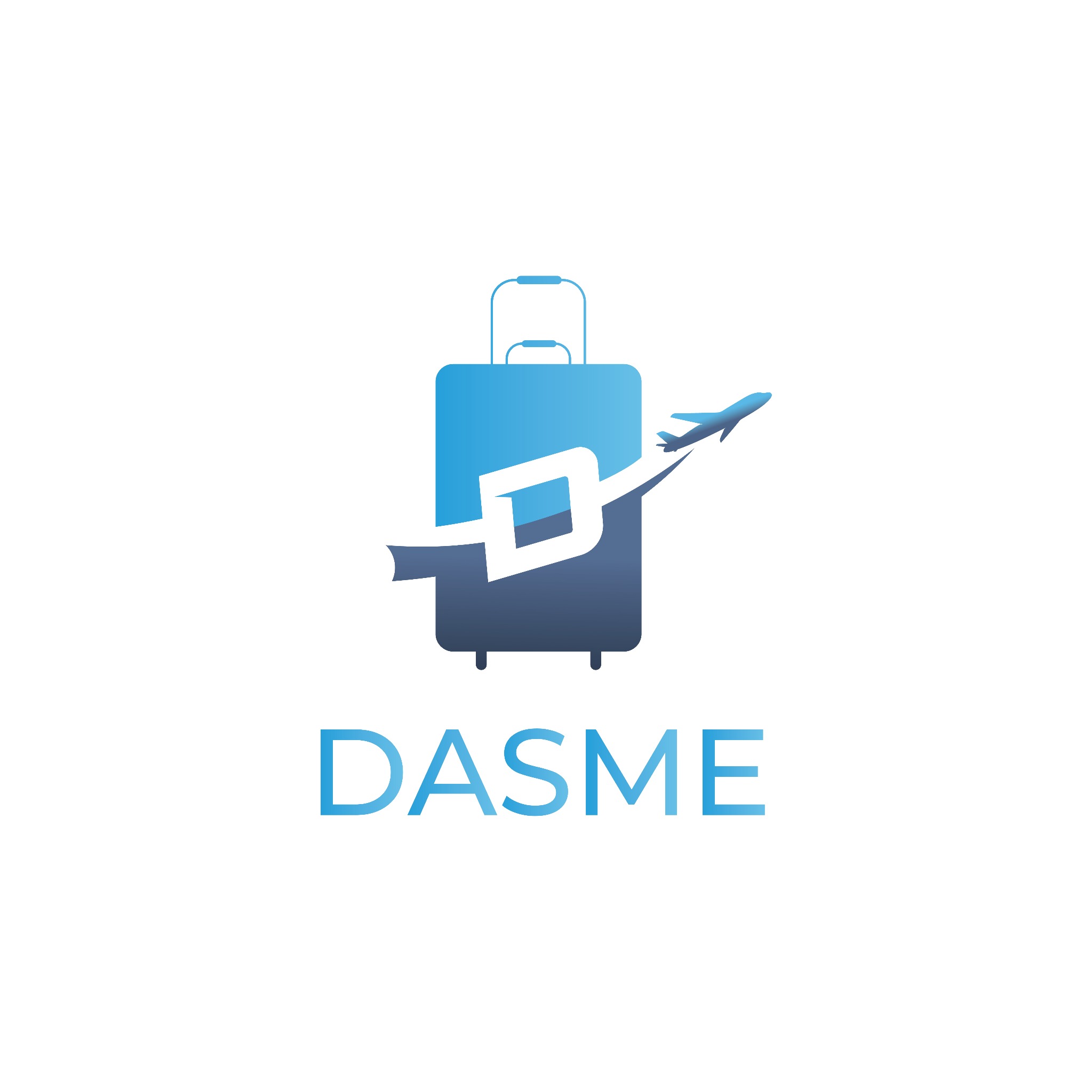 Gradientowe logo firmy Dasme.pl przedstawia stylizowaną walizkę z literą D przeciętą przez sylwetkę samolotu w locie.
