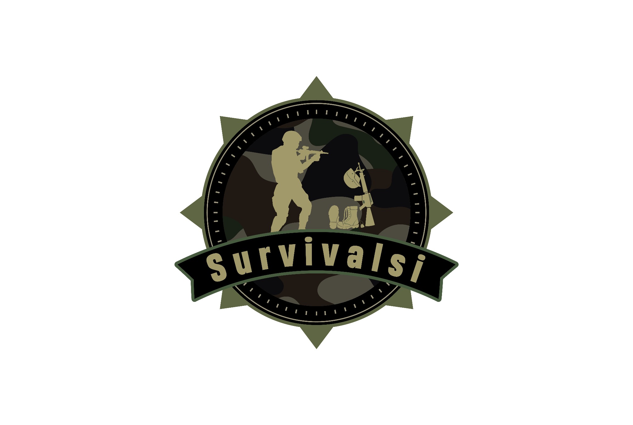 Logo survivalsi.pl: sylwetka żołnierza celującego z karabinu na tle kamuflażu, w okrągłej tarczy z motywem kompasu i napisem 'surivalsi' na wstędze.