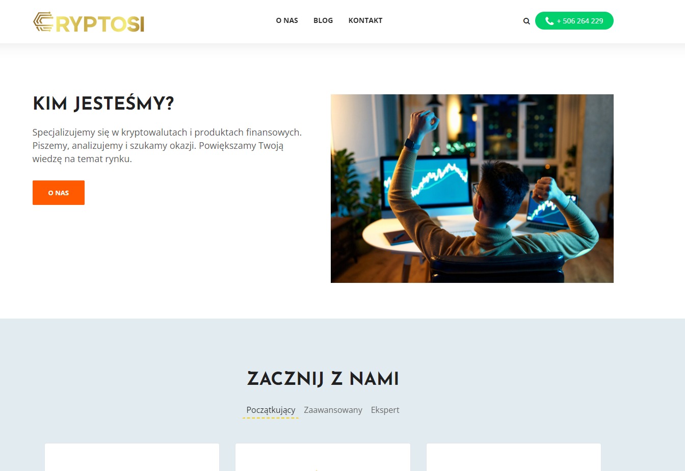 Fragment strony internetowej cryptosi.pl z nagłówkiem 'Kim jesteśmy?' i zdjęciem programisty świętującego sukces przed monitorem z wykresem wzrostowym.