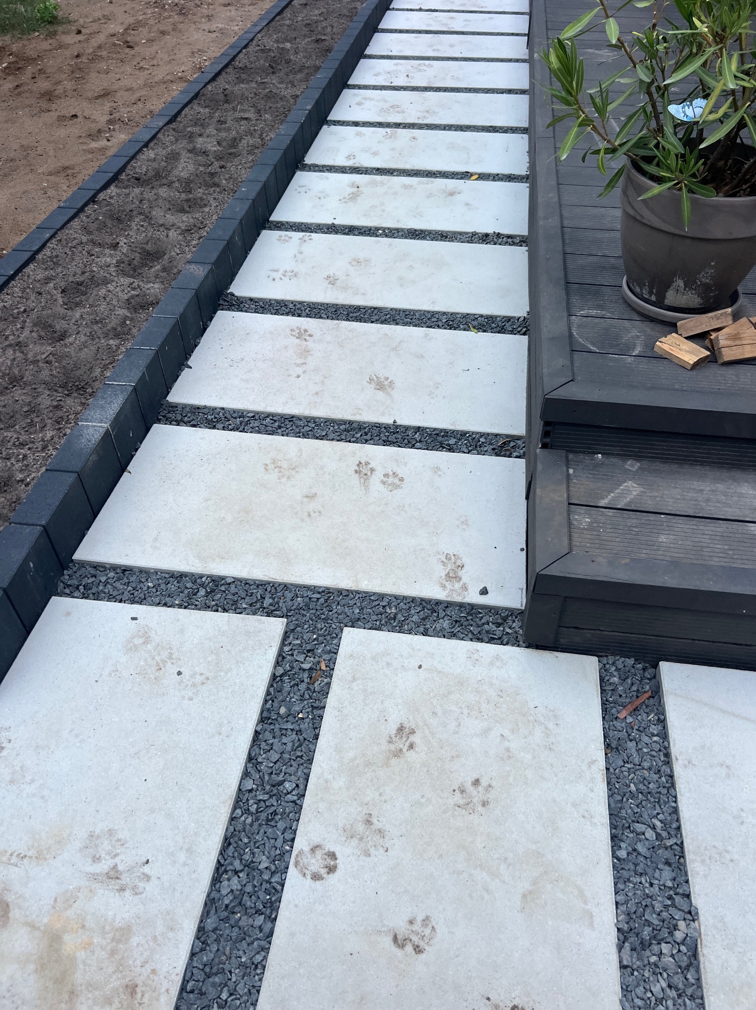 Ścieżka z jasnych płyt betonowych z ciemnymi kamykami, obrzeża z kostki, ślady łap zwierząt na płytach, donica z rośliną na drewnianym podeście.