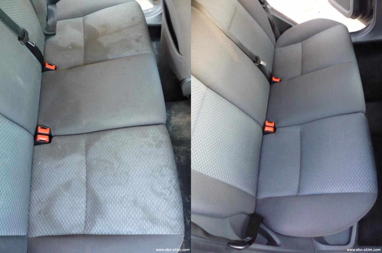 Porównanie tylnej kanapy samochodowej przed i po czyszczeniu, widoczne wyraźne różnice w czystości tapicerki.