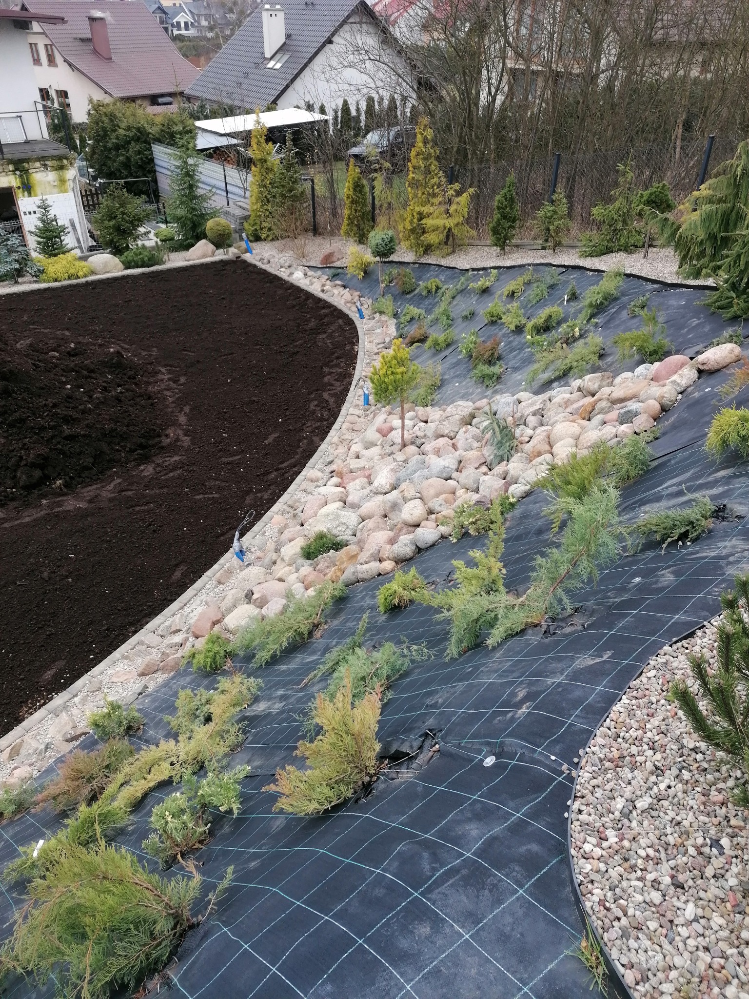 Ujęcie z góry na zbocze ogrodu w trakcie realizacji: czarna mata szkółkarska z wyciętymi otworami pod sadzonki iglaków i krzewów, obrzeże z kamieni, świeżo nawieziona ziemia. Widoczne domy w tle.