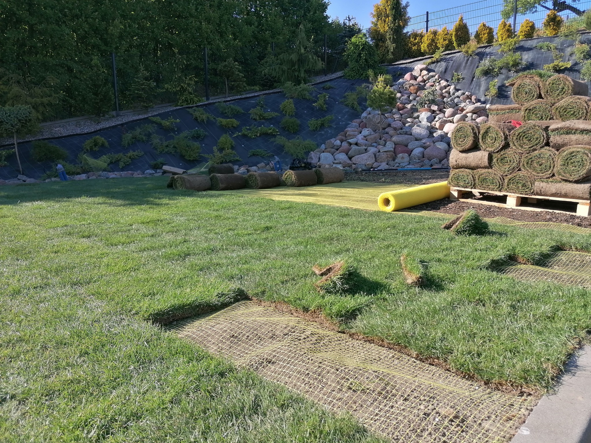 Układanie trawy z rolki na przygotowanym podłożu z siatką, widoczne palety z rolkami trawy oraz fragmenty ułożonej darni. W tle skarpa z roślinnością i kamieniami.