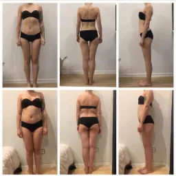 Kolaż zdjęć sylwetki kobiety w bieliźnie przed i po czterech miesiącach ćwiczeń, prezentujący zmiany z przodu, z tyłu i z boku, wykonany w Poznaniu.