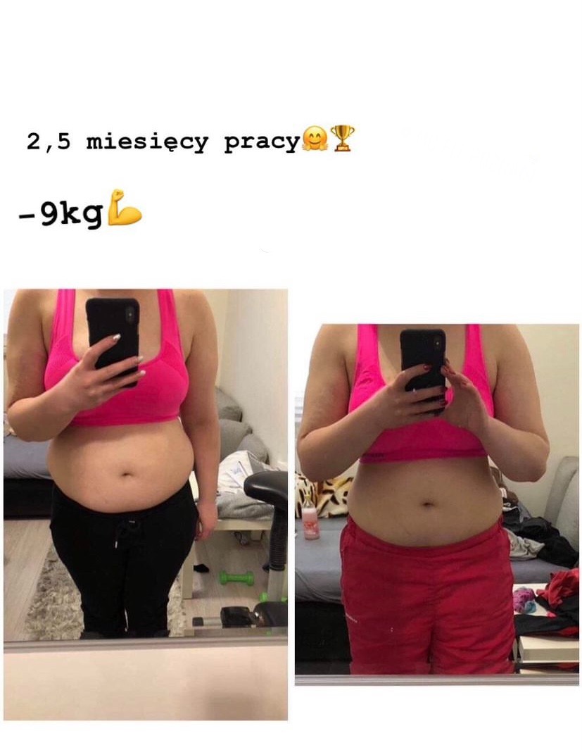 Porównanie sylwetki kobiety przed i po 2,5 miesiącach pracy nad utratą wagi, z widoczną redukcją -9kg, sfotografowane w lustrze w domowym otoczeniu.