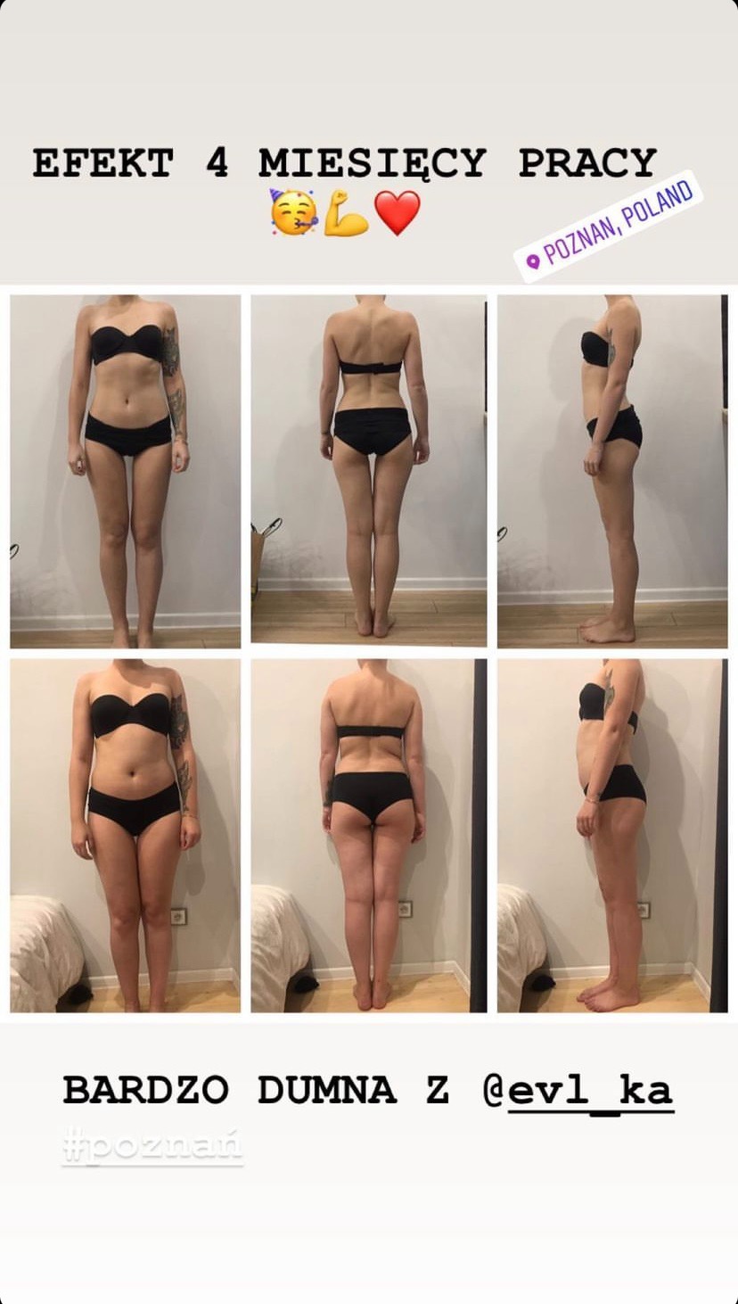 Kolaż zdjęć sylwetki kobiety w bieliźnie przed i po czterech miesiącach ćwiczeń, prezentujący zmiany z przodu, z tyłu i z boku, wykonany w Poznaniu.