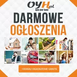 Grafika reklamowa z napisem 'DARMOWE OGŁOSZENIA' i logotypem 'Oyh.pl', prezentująca kolaż zdjęć z różnymi kategoriami ogłoszeń: dom, rodzina, ogród, ubrania, samochód, kwiaty, kobiety. Na dole...