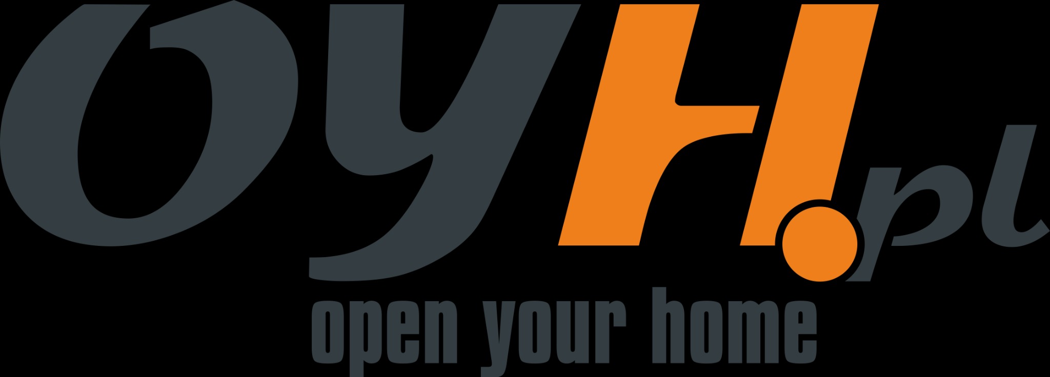 Logo firmy OYH.pl z hasłem 'open your home' na czarnym tle, litery w odcieniach szarości i pomarańczowym.