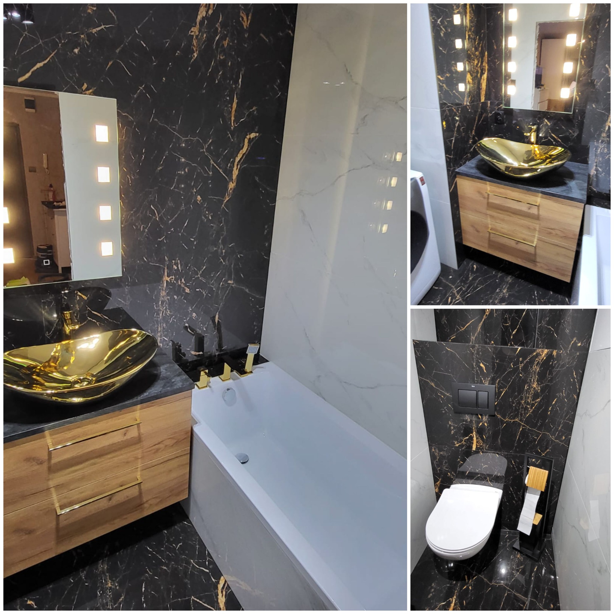 Elegancka łazienka z czarnymi marmurowymi płytkami, złotą umywalką w kształcie łodzi i drewnianą szafką pod umywalką z złotymi uchwytami; biała wanna i toaleta z czarnym panelem sterowania.