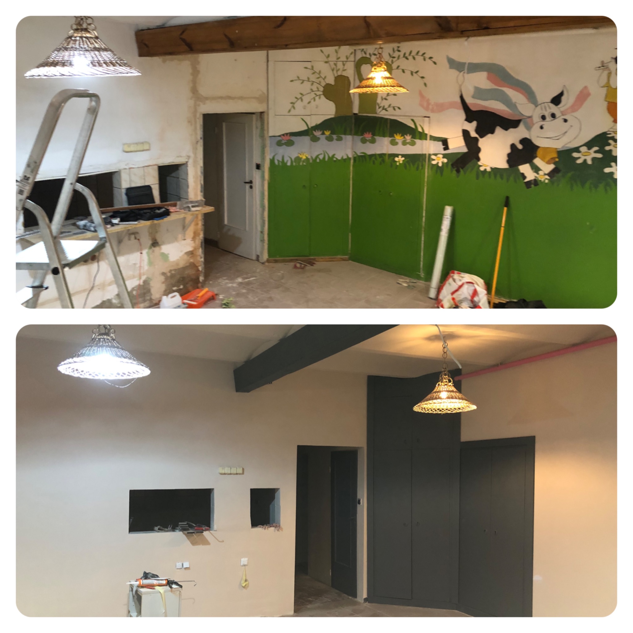 Porównanie stanu pokoju przed i po: od surowych ścian z resztkami tapet i farby, niedokończonych wnęk, do gładkich, pomalowanych ścian w neutralnym odcieniu z wbudowanymi szafami.