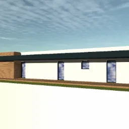 Wizualizacja parterowego domu z płaskim dachem, z elementami wykończenia drewnem i dużymi oknami odbijającymi niebo.