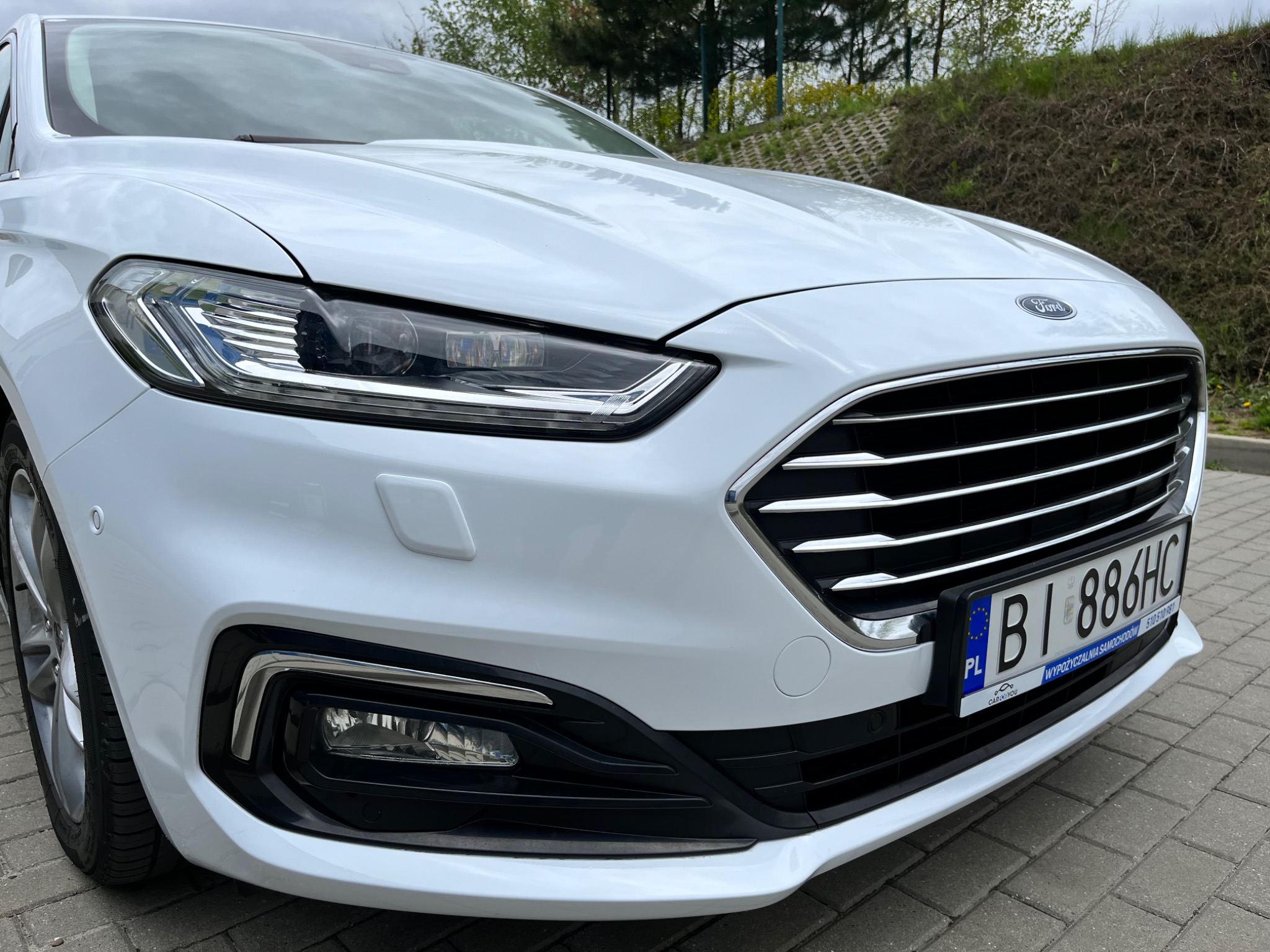 Biały samochód marki Ford z widoczną tablicą rejestracyjną na tle zieleni.