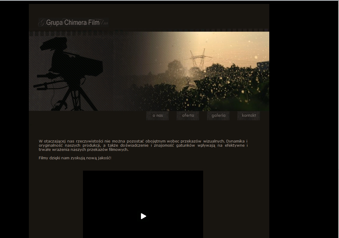 Strona internetowa firmy filmowej z sylwetką kamery na tle krajobrazu z liniami wysokiego napięcia o zachodzie słońca.