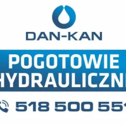 Logo firmy DAN-KAN z numerem telefonu 518 500 551 i napisem POGOTOWIE HYDRAULICZNE na niebieskim tle.