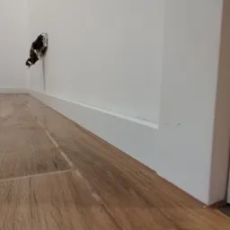 Układanie paneli podłogowych imitujących drewno w Strzelinie, widoczne białe listwy przypodłogowe i wystający kabel ze ściany.