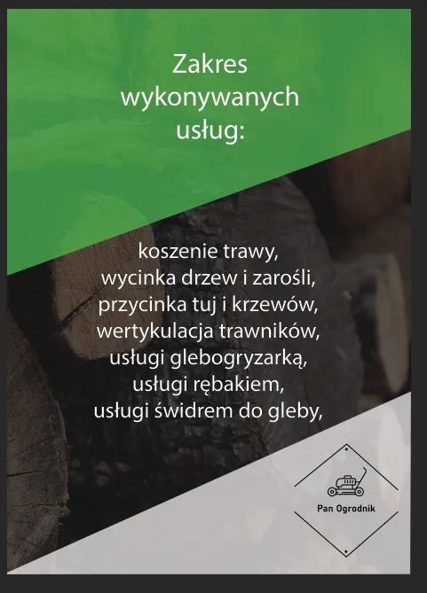 Grafika reklamowa firmy ogrodniczej 'Pan Ogrodnik' prezentująca zakres usług: koszenie trawy, wycinka drzew, przycinanie tuj, wertykulacja, usługi glebogryzarką, rębakiem i świdrem do gleby.