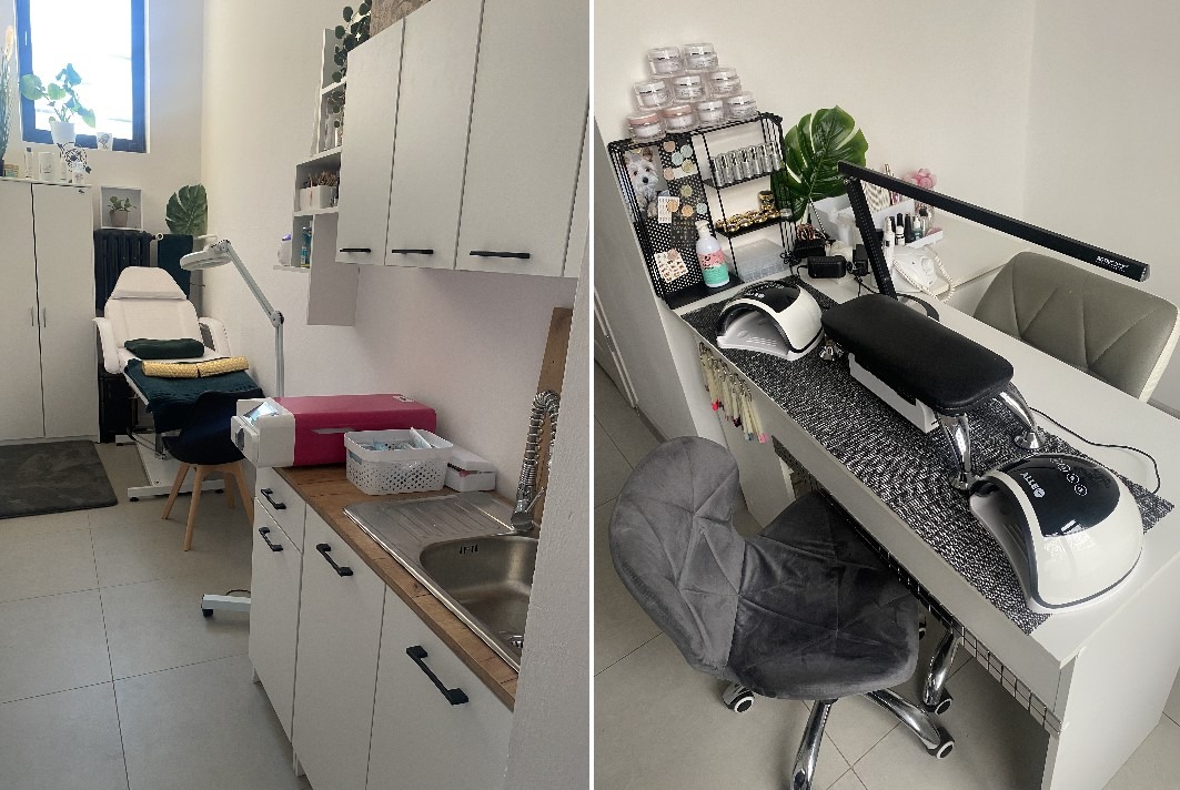 Wnętrze gabinetu kosmetycznego: stanowisko do pielęgnacji dłoni z lampami UV, wygodnym krzesłem i organizerem na lakiery, obok leżanka kosmetyczna
