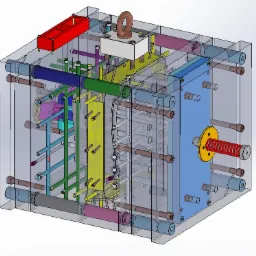 Wizualizacja 3D formy wtryskowej z widocznymi kanałami chłodzenia i elementami mocującymi, prezentująca przekrój złożonej konstrukcji.