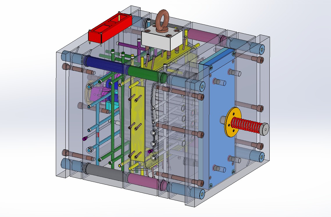 Wizualizacja 3D formy wtryskowej z widocznymi kanałami chłodzenia i elementami mocującymi, prezentująca przekrój złożonej konstrukcji.