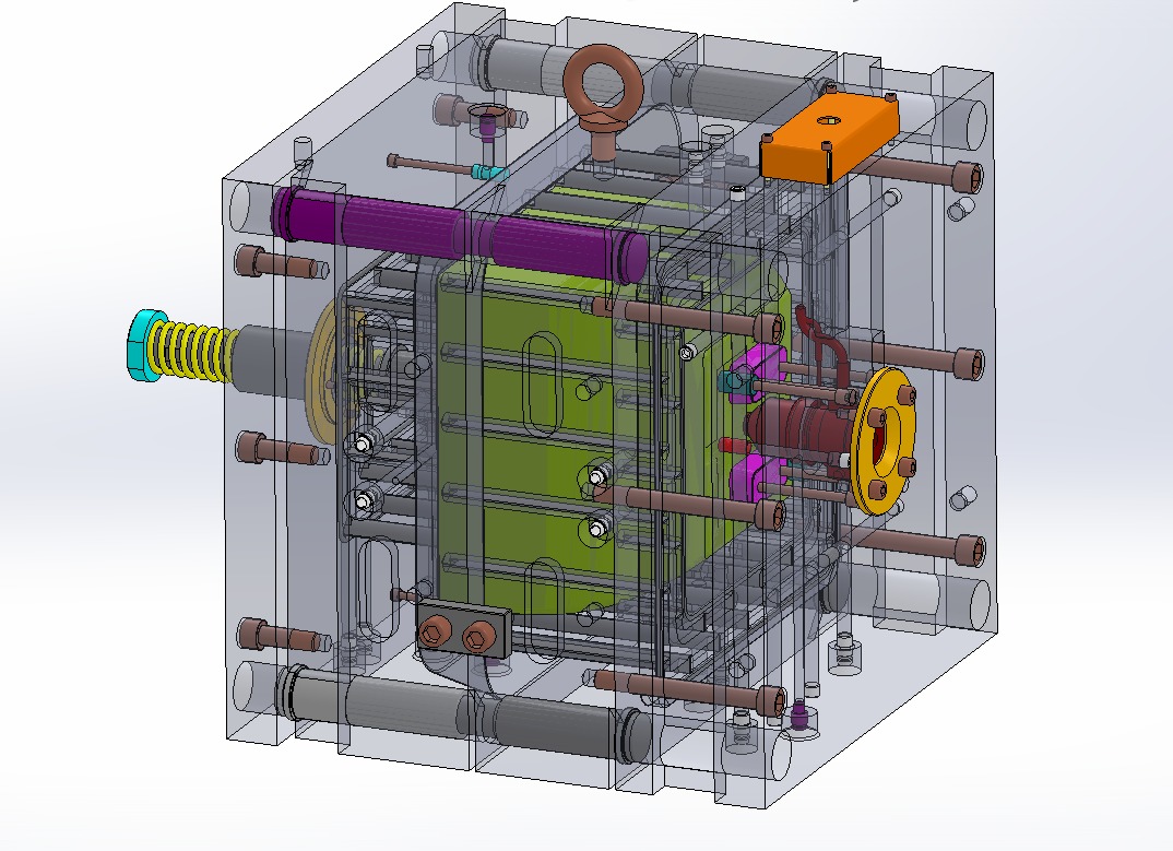 Wizualizacja 3D formy wtryskowej z widocznymi elementami mocującymi, prowadnicami i układem chłodzenia, prezentowana w środowisku CAD.