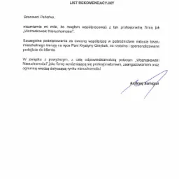 Skan dokumentu: List rekomendacyjny z Warszawy, datowany na 04 sierpnia 2020 roku, z podpisem Andrzeja Szmigla, wyrażający pozytywną opinię o firmie Woźniakowski Nieruchomości w kontekście...